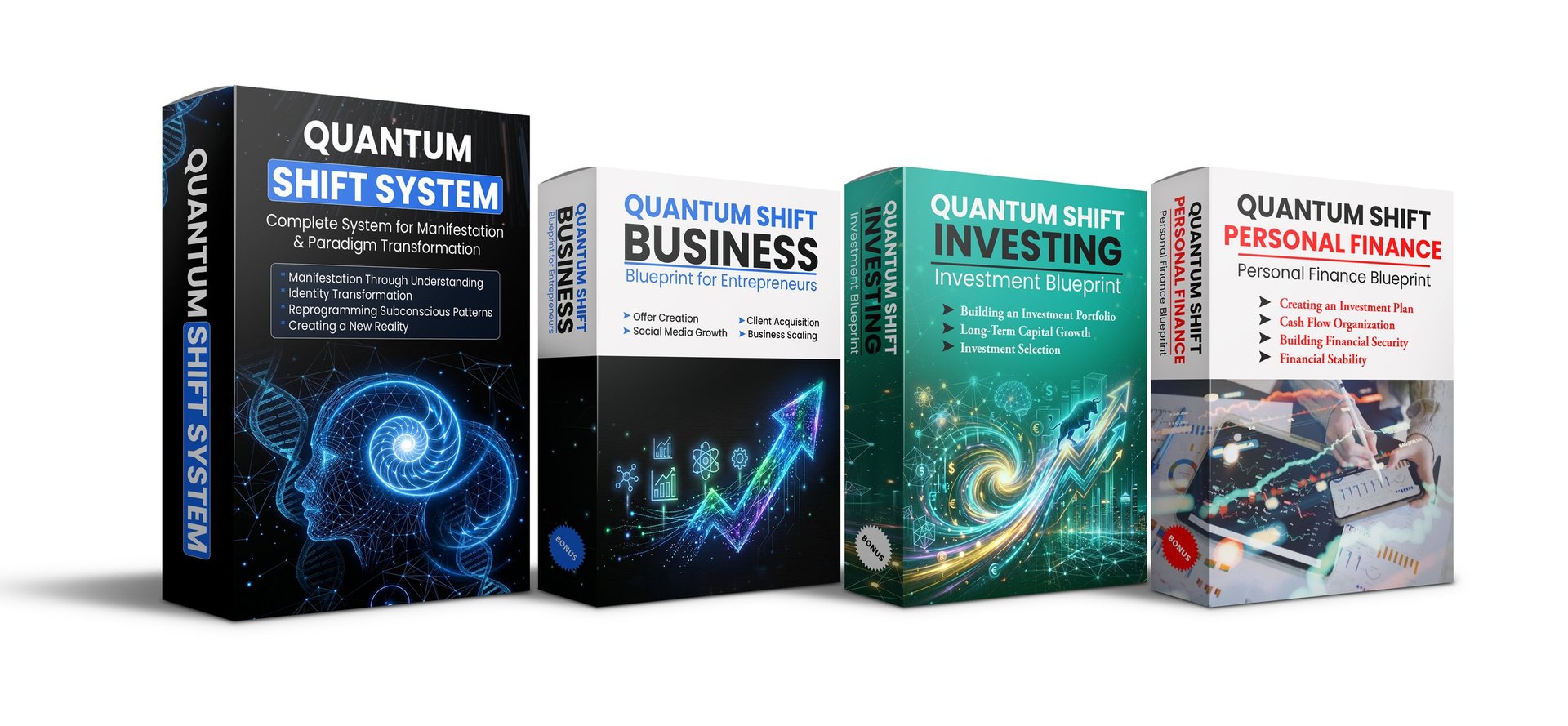 Four Quantum Shift System product boxes displayed in a row, showing titles for mastery, business, investing, and personal finance modules