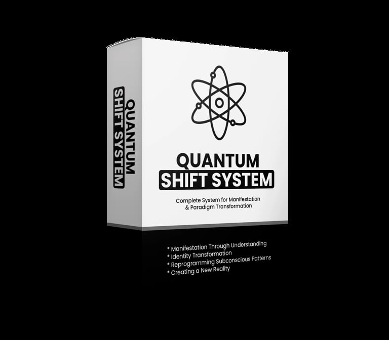 Quantum Shift System software box with atom logo and text describing it as a complete system for manifestation and paradigm transformation