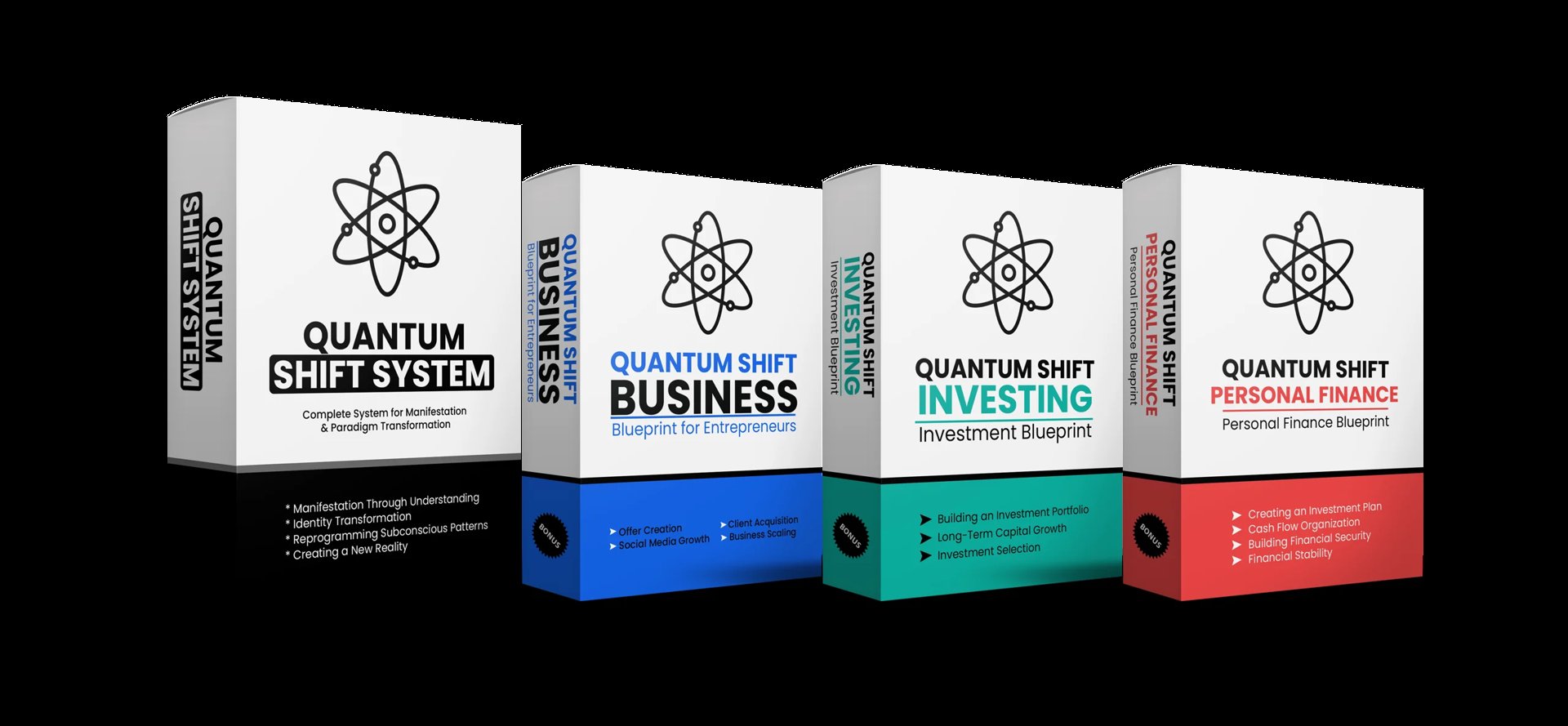 Four product box set for Quantum Shift System featuring different colored boxes: black, blue, teal, and red with atom logos